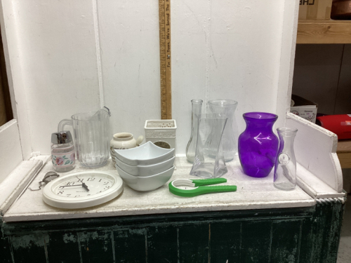 (2) BOXES W/ VASES, CLOCK, SUGAR DISPENSER, WHITE GLASS BOWLS