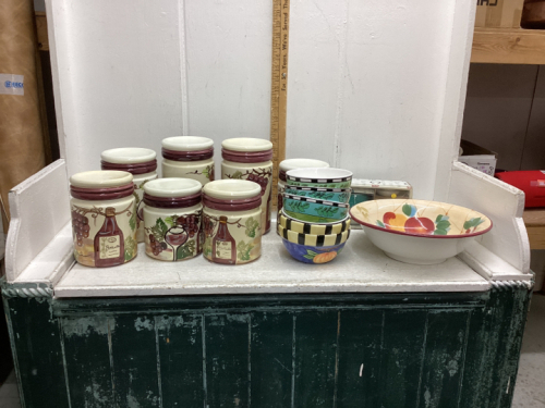 CANISTER SET, (4) SMALL CERAMIC BOWLS, (1) LARGE CERAMIC BOWL, 2 SMALL COFFEE CUPS