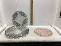 (2) SILVER INLAY & (1) PINK DEPRESSION GLASS PLATTERS