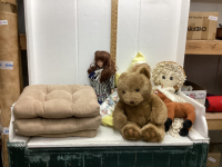 (2) BOXES W/ STUFFIES, PORCELAIN DOLL, (3) CHAIR CUSHIONS, REPLACEMENT VERTICAL BLINDS