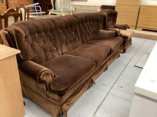 BROWN VELOUR SOFA & CHAIR