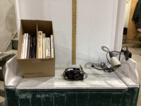 BOX OF CRAFTING BOOKS, CLIP ON LAMP, SMALL FILM CAMERA