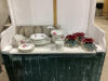 BIN W/ HORSESHOE RACK & LARGE SET OF DISHES