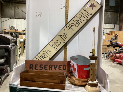 BOX W/ SMALL LAZY SUSAN, “RESERVED” SIGN, WOOD ORGANIZER, WOOD LAMP,