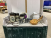 (2) BOXES W/ ENAMELWARE PITCHER, WOOD BOWLS, SMALL MIRROR, METAL CANISTER SET,