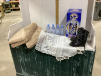 (3) BATH MATS, BEER CAN LAMP, SMALL COWBOY BOOTS, DOILIES, HAND SANITIZER