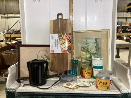 TOBACCO TINS, WOOD CUTTING BOARD, GLASSWARE, PYRAMID BOOKS, OLD TRAY