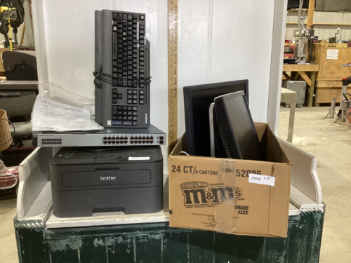 BOX W/ (2) MONITORS, BROTHER COPY MACHINE, HPE SWITCH,