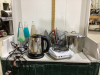 (2) BOXES W/ SMALL STOCKPOT, HOT PLATE, IRONS, (3) LAVA LAMPS,