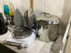 (2) BOXES W/ SMALL STOCKPOT, HOT PLATE, IRONS, (3) LAVA LAMPS, - 3