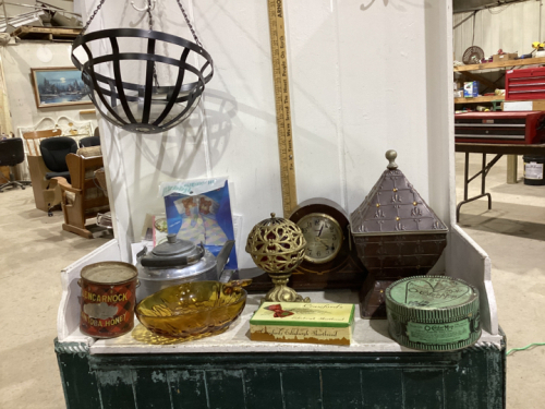 TOBACCO TINS, OLD KETTLE, MANTLE CLOCK SHELL, AMBER BOWL, HANGING BASKET HOLDER,