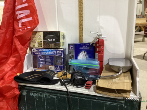 SOLAR LIGHTS, CHIPPING NET, (2) TRUCK MIRRORS, FIRE EXTINGUISHER,