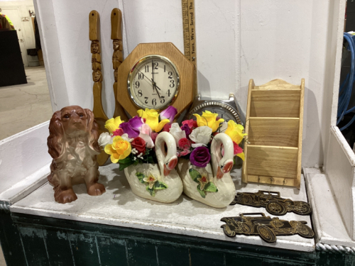 WOOD CLOCK, CERAMIC SWANS & DOG, WOOD FORK & SPOON DECOR