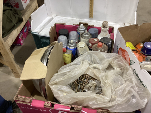 BOX OF ASSORTED SPRAY PAINT/ PAINT, WATER SEAL, NAILS, SCREWS