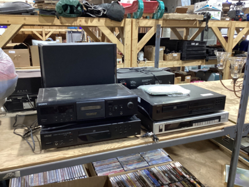 SHELF 7: SONY RECEIVER, TEAC CD PLAYER, LXI RECEIVER/SYNTHESIZER, SPEAKER