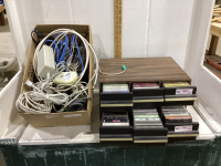 2 CASES OF ASSORTED CASSETTES AND BOX OF CORDS