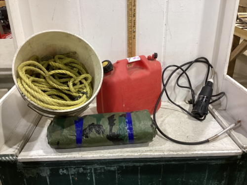 3 ITEMS-PAIL OF YELLOW ROPE, CAMO TARP, JERRY CAN, CRAFTSMAN ROTARY TOOL