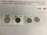 (4) USA COINS - 1966 KENNEDY HALF DOLLAR, 2008 OKLAHOMA QUARTER, 2011 CHICKASAW QUARTER, 2022 WILMA MANKILLER QUARTER