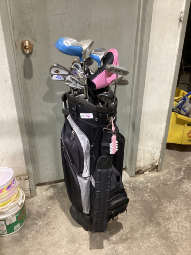 WHEELED GOLF BAG & VARIETY OF CLUBS. - PRO-SIMMON, COOPER ETC