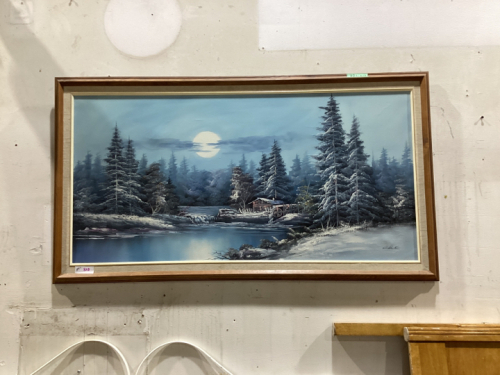 LARGE OIL PAINTING - CABIN IN THE WOODS