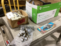 BOX OF ELECTRICAL + PLUMBING SUPPLIES, DOOR PULLS