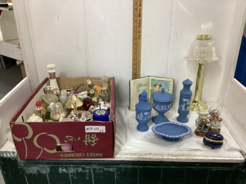 2 BOXES OF AVON COLLECTIBLES ,OLD PERFUME BOTTLES, CANDLE HOLDER