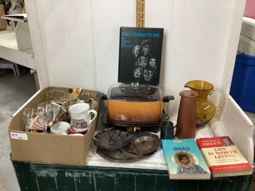 2 BOXES-WESTBEND COOKER(HANDLE CHIPPED) SILVERPLATE ITEMS, WATER JUG, BOOKS