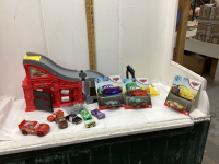 FISHER PRICE CAR GARAGE/ RAMP AND CARS + 3 NEW “CARS” TOYS