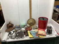 BROWNIE CAMERA, PLASTIC ICE BUCKET, MUSIC BOX , BRASS HORSE PLATE, VINTAGE COCKTAIL SET