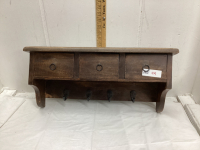 WOOD SHELF WITH 3 DRAWERS + 4 HOOKS, AND SMALL WINE RACK