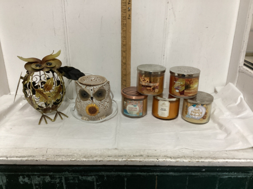 2 BOXES- OWL DECOR/TART BURNER + 5 SCENTED CANDLES