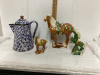 3 CERAMIC DECORATIVE HORSES + CERAMIC COFFEE POT