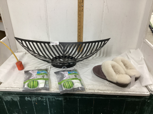 DECORATIVE METAL BASKET, 2 PAIR COMPRESSION SOCKS +SLIPPERS