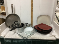 2 BOXES -KITCHENAID + TFAL POTS, GLASS BAKING DISH, CORELLE