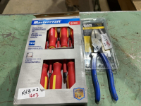 New Mastercraft eight piece screwdriver, set plus Klein high leverage side cutter pliers and Crimper