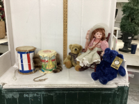 (2)BOXES W/ VINTAGE DRUMS, PORCELAIN DOLL, DOLL CHAIR, STUFFIE BEAR