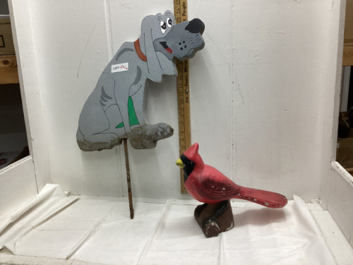 (2) CEMENT DECOR PIECES - CARDINAL & DOG STAKE