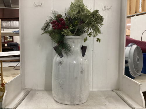 CLAY VASE W/METAL HANDLES & FAKE FLOWERS