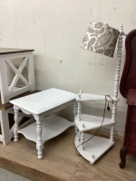 (2) WHITE PAINTED PIECES - SIDE TABLE & 3-TIERED SHELF W/ LAMP