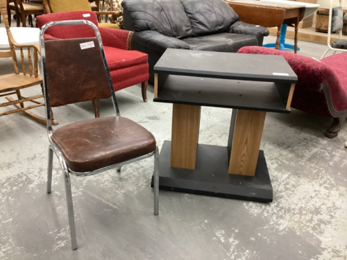 BLACK TV STAND ON CASTORS & CHROME KITCHEN CHAIR