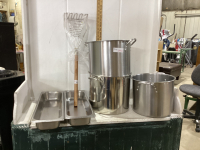 (3) STOCK POTS - NO LIDS, LARGE POTATOE MASHER & (2) STAINLESS STEEL PANS