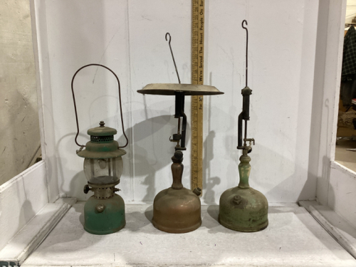 (2) GAS LANTERNS &(1) KEROSENE LAMP