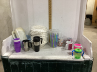 (2) BOXES W/LARGE COFFEE FILTERS, JUICE CONTAINER, MUGS, GO CUPS, PLASTIC GLASSES