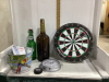 BOX W/ DARTBOARD, TEXAS MICKEY BOTTLE, CLOCK