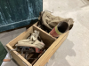 BOX OF OLD GAS CAPS, WOOD BOX WITH OLD BOTTLES, WOOD BOX W/ OLD SEEDERS - 4