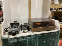 “DUAL” RECORD PLAYER & 3 OLD CAMERAS