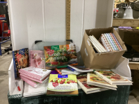 (2) BOXES W/ COOKBOOKS, GLASS CUTTING BOARD