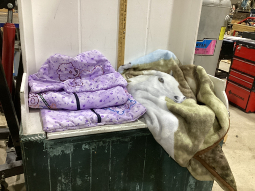 BOX W/ FUZZY HORSE BLANKET, SLEEPING BAG