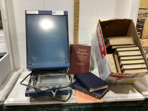 MICROFICHE MACHINE & BOX OF OLD CHRISTIAN BOOK