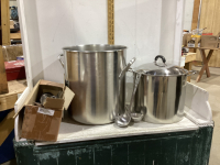 (2) LARGE STAINLESS STEEL STOCK POTS & LADLES,